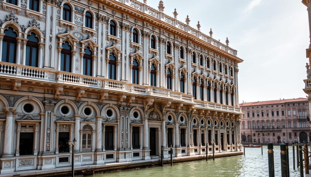 An ornate, Renaissance-era palace with intricate marble facades, grand arched windows, and ornamental balconies overlooking a serene canal in Venice. The opulent architecture combines Byzantine, Gothic, and Renaissance styles, reflecting the Venetian Republic's wealth and power. Sunlight casts warm, diffused illumination, accentuating the detailed carvings, columns, and ornamental flourishes. The scene evokes a sense of historical grandeur and timeless elegance. The Palazzo Ducale, or Doge's Palace, stands as a magnificent symbol of Venetian architectural prowess and cultural heritage.