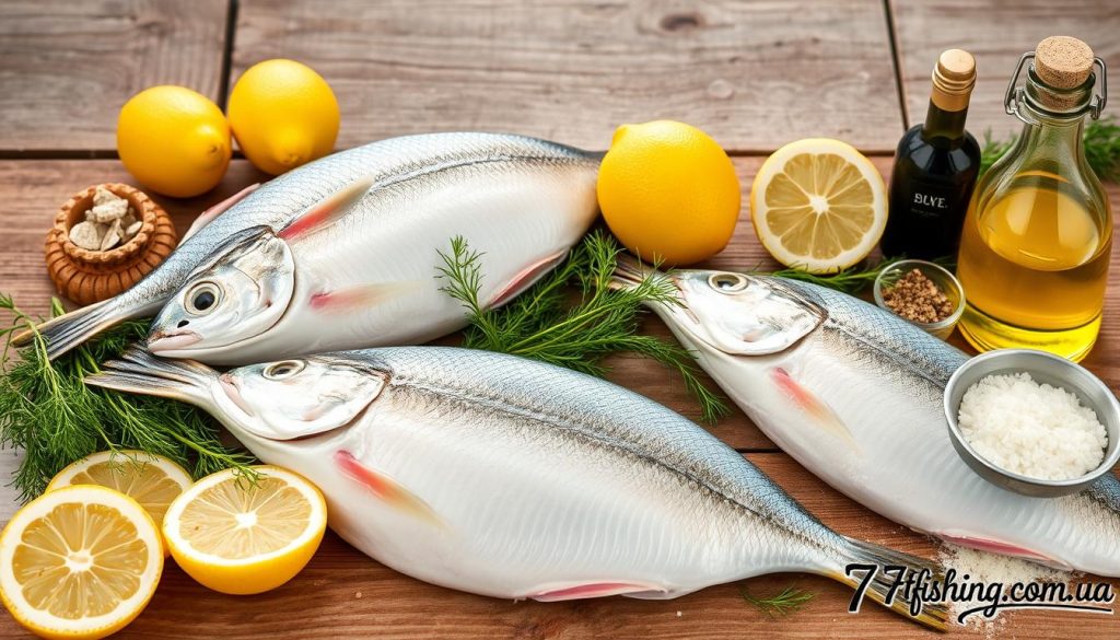 Beautifully arranged assortment of fresh fish ingredients for baking, including whole hake fillets, lemon slices, sprigs of dill, olive oil, and seasonings, against a rustic wooden background. Soft, natural lighting illuminates the scene, creating a warm and inviting atmosphere. Subtle branding for "7fishing.com.ua" discreetly visible. This comprehensive spread captures the essence of the "Ingredients and Product Selection" section, showcasing the high-quality components for the delectable baked hake recipe.