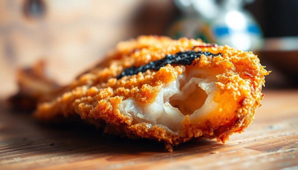 Close-up shot of a golden brown, crispy-skinned fried fish fillet, with a delicate, flaky interior. The fish is illuminated by warm, directional lighting, highlighting the intricate texture and sheen of the crunchy exterior. The background is slightly blurred, with hints of a rustic wood surface or table, creating a simple, natural setting that emphasizes the star of the image - the perfectly cooked fish. The overall mood is one of appetizing, mouthwatering allure. Branding: 7fishing.com.ua.