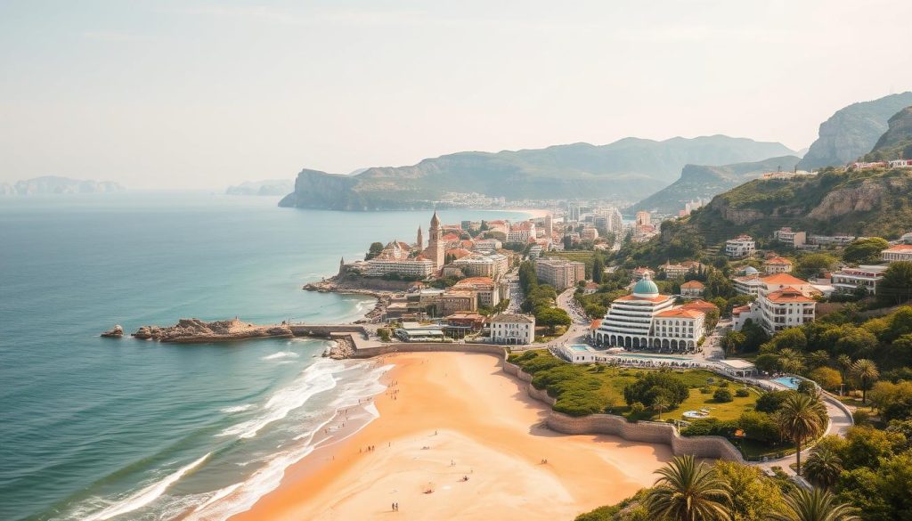 Comparison of resort destinations: a panoramic vista showcasing diverse seaside landscapes. In the foreground, a sun-drenched coastline with golden sandy beaches, gently lapping waves, and beachgoers enjoying the warm waters. In the middle ground, picturesque coastal towns with charming architecture, bustling promenades, and lush greenery. The background features a range of dramatic natural scenery, from rugged cliffs and rocky headlands to serene bays and inlets. Soft, diffused lighting creates a serene, inviting atmosphere, capturing the essence of different resort experiences. The composition emphasizes the variety of coastal environments, inviting the viewer to explore and compare the unique qualities of each destination.