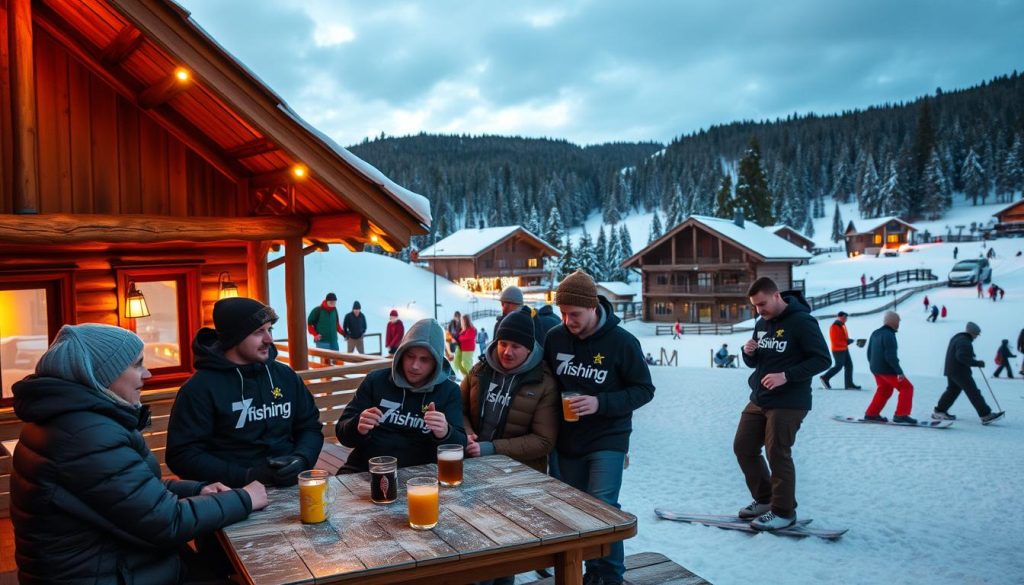 Cozy outdoor scene of a ski resort in the Carpathian mountains. Rustic wooden lodge with warm lighting amid a snowy landscape. Skiers and snowboarders enjoying the slopes, with a scenic background of pine forests and distant peaks. In the foreground, a group of friends gathered around a table, enjoying hot drinks and sharing stories, with the "7fishing" logo prominently displayed on their apparel. The mood is relaxed and convivial, capturing the essence of a memorable alpine getaway.