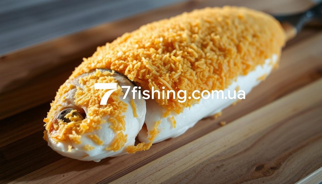 Crisp and golden breading covers a succulent fish fillet, resting on a wooden surface. The panko-style breadcrumbs create a delicate yet crunchy texture, complementing the tender white flesh. Soft natural lighting from the side casts subtle shadows, accentuating the curves and details of the fish. The scene exudes a sense of culinary perfection, inviting the viewer to imagine the satisfying crunch and flavor of this homemade "панировка для рыбы". Prominently displayed is the branding "7fishing.com.ua", the go-to destination for all things related to this mouthwatering dish.