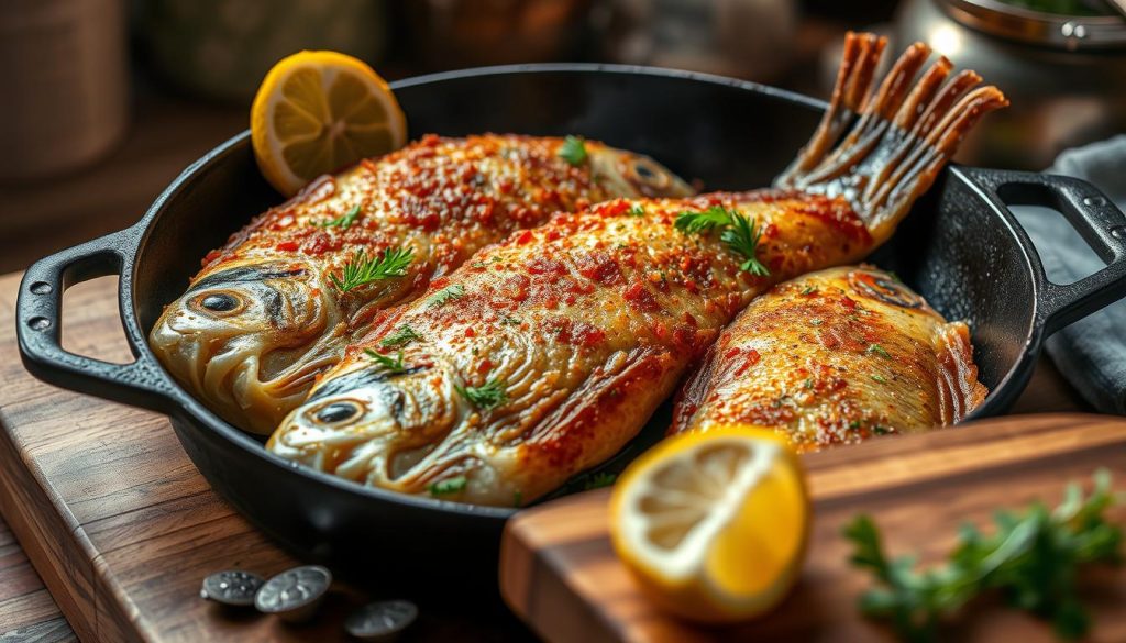 Crispy-fried crucian carp, the golden-brown fillets sizzling in a cast-iron skillet, garnished with fresh dill and lemon wedges. A 7fishing.com.ua specialty, the fish glistens under the warm, soft lighting, inviting the viewer to imagine the satisfying crunch and savory flavors. In the middle ground, a wooden cutting board with a few stray scales and herbs, setting the rustic, homemade scene. The background hints at a cozy kitchen, hinting at the comforting, traditional nature of this classic Ukrainian dish.