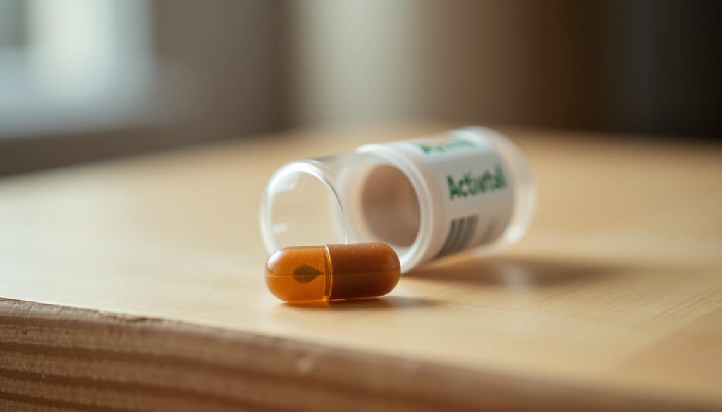 Detailed close-up of a fishing bait "activator" product on a wooden surface. The activator is a small capsule-shaped object with a natural brown color, resting on a light-colored wooden table or surface. The lighting is soft and diffused, creating a warm, inviting atmosphere. The background is slightly blurred, keeping the focus on the activator itself. The image conveys a sense of simplicity, high-quality craftsmanship, and the practical utility of the product for enhancing fishing experiences.