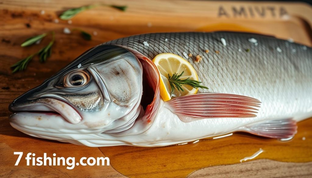 Detailed close-up of a fresh whole pike fish, its head and body carefully prepared for baking. The pike's scales have been removed, its belly cleaned and cavity stuffed with aromatic herbs and lemon slices. The fish is placed on a rustic wooden board, drizzled with olive oil and sprinkled with coarse salt. Warm, soft lighting from the side highlights the natural textures and tones of the pike's skin. Evocative of traditional home cooking, the scene conveys a sense of care and anticipation for the upcoming baking process. Branding: 7fishing.com.ua. Detailed close-up of a fresh whole pike fish, its head and body carefully prepared for baking. The pike's scales have been removed, its belly cleaned and cavity stuffed with aromatic herbs and lemon slices. The fish is placed on a rustic wooden board, drizzled with olive oil and sprinkled with coarse salt. Warm, soft lighting from the side highlights the natural textures and tones of the pike's skin. Evocative of traditional home cooking, the scene conveys a sense of care and anticipation for the upcoming baking process. Branding: 7fishing.com.ua.