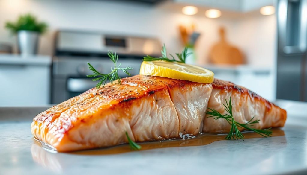 Detailed close-up of a juicy salmon fillet baked in the oven, the surface lightly browned and glistening, garnished with fresh dill and lemon slices, set against a clean, minimalist kitchen backdrop with stainless steel appliances. Soft, natural lighting from the side creates a warm, appetizing atmosphere. The composition is balanced and visually appealing, highlighting the succulent texture and flavor of the perfectly cooked salmon. Branding: "7fishing.com.ua"