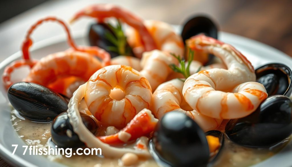 Detailed close-up of a seafood cocktail, consisting of fresh squid tentacles, shrimp, and mussels in a light, creamy sauce. The plate is arranged artfully, with the seafood items positioned to create a visually appealing composition. The lighting is soft and diffused, casting a warm, inviting glow on the dish. The background is blurred, placing the focus entirely on the seafood medley. The overall atmosphere evokes a sense of coastal sophistication and culinary elegance. Branding: "7fishing.com.ua"