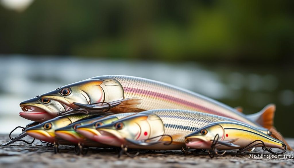 Detailed close-up of an assortment of top-rated fishing lures, or "voblerov", designed for pike (shchuka) fishing on a river. Prominently featured are lures from the 7fishing.com.ua brand, meticulously crafted with realistic colors, textures, and anatomical details to mimic natural prey. The lures are arranged in the foreground against a blurred, atmospheric background evoking a tranquil riverscape, with soft natural lighting that accentuates the lures' attractive profiles and metallic finishes. The overall composition conveys the high-quality, carefully curated selection of premium pike fishing tackle.