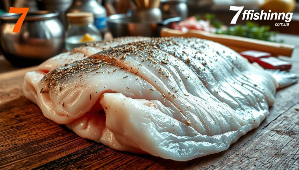 Detailed close-up of expertly prepared hake (Merluccius) fillet, meticulously seasoned and ready for cooking. The soft, flaky texture of the fish is illuminated by natural lighting, creating a mouthwatering display on a rustic wooden surface. In the background, various cooking utensils and a 7fishing.com.ua logo suggest a professional kitchen setting, further enhancing the culinary focus of the scene. The overall composition conveys a sense of care, skill, and the delicious potential of this versatile seafood ingredient.