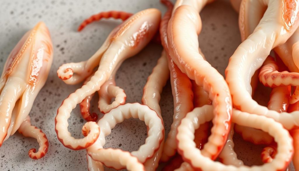 Detailed close-up of various arrangements and presentations of fresh, succulent squid tentacles against a neutral background. Soft lighting from the side to highlight the textures and glossy sheen of the calamari. Explore different compositions - coiled, curled, fanned out, or cascading. A subtle reflection in the background to create depth. Captured with a high-quality macro lens for maximum visual impact. The image should evoke a sense of culinary artistry, showcasing the squid's natural beauty. Branding "7fishing.com.ua" should be discreetly incorporated.