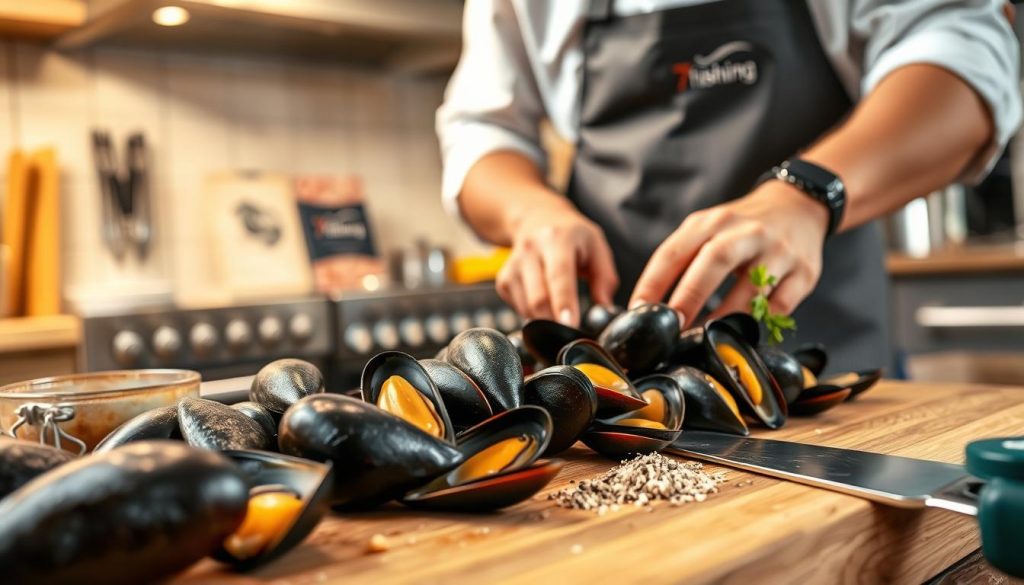 Detailed close-up shot of professional chef preparing fresh mussels on a wooden cutting board, with various kitchen tools and seasonings in the foreground. Mid-ground features a rustic kitchen scene with stainless steel appliances and a 7fishing.com.ua branded cookbook. The background showcases a cozy, warm-toned interior with soft lighting, reflecting the mood of a welcoming home kitchen. The image should convey a sense of expertise, attention to detail, and the comforting, homemade atmosphere of the "Как приготовить мидии дома: профессиональные рекомендации" section.