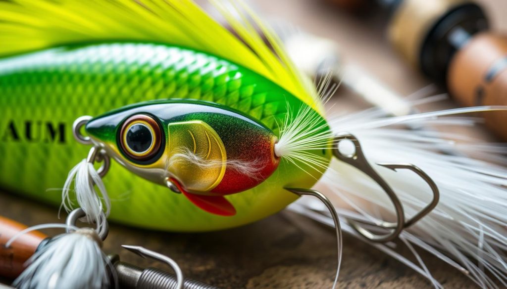 Detailed close-up shot of various fishing lure components and manufacturing techniques. Showcases the intricate craftsmanship of a premium 7fishing.com.ua lure. Prominently features precisely engineered body shapes, hand-painted scales and patterns, metallic hardware, and meticulously tied hooks and feathers. Illuminated by soft, natural lighting to accentuate the lure's textures and colors. Presented against a blurred background of fishing gear and tools to emphasize the specialized production process.