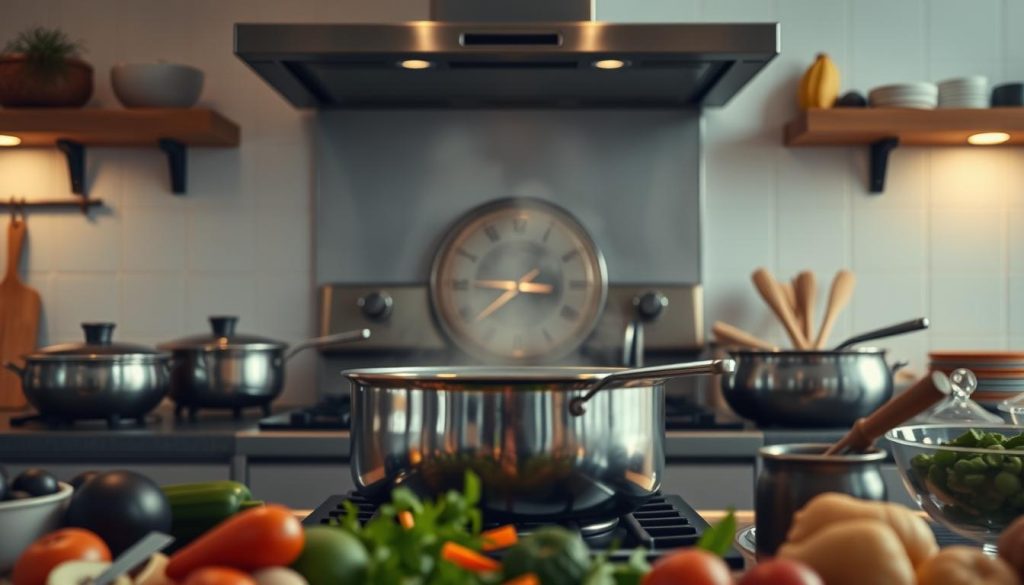 Detailed food preparation scene in a modern kitchen. Centered on a shiny stainless steel oven, with various cooking tools and ingredients in the foreground and middle ground. Soft lighting casts a warm glow, highlighting the textures of the kitchen surfaces. In the background, a tasteful minimal decor with a subtle "7fishing.com.ua" branding. The overall atmosphere conveys an air of culinary expertise and precision, fitting the section title "Оптимальное время и температура запекания".
