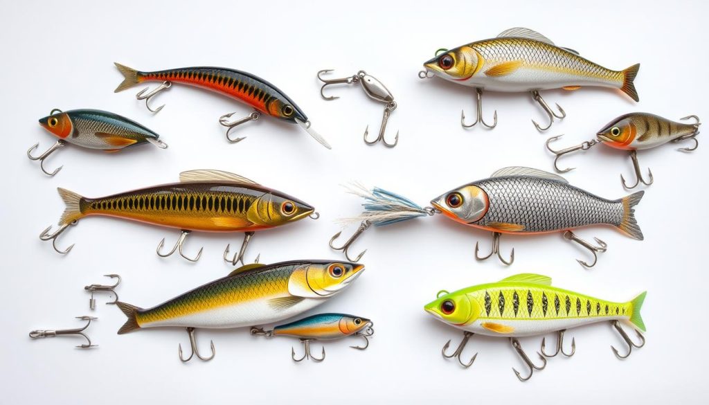 Detailed illustration of various fishing lure types on a white backdrop. Prominently featured are several "типы воблеров" - floating, sinking, and suspended lures from the brand "7fishing.com.ua". Each lure is captured in natural lighting with a clean, crisp focus, showcasing their unique shapes, colors, and textures. The lures are arranged in a visually appealing layout, allowing the viewer to clearly see and compare the different styles. The overall mood is professional and informative, suitable for use in an educational fishing article.