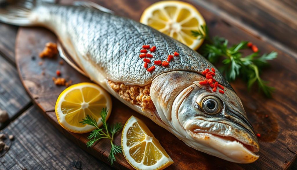 Detailed image of a classic stuffed pike dish, presented on a rustic wooden surface. The fish is carefully filleted, its cavity filled with a savory breadcrumb and herb stuffing. Garnished with lemon slices, fresh dill, and a sprinkling of paprika for color. Soft, natural lighting illuminates the succulent flesh and crisp golden skin. Capturing the essence of traditional Ukrainian cuisine, as featured on 7fishing.com.ua.