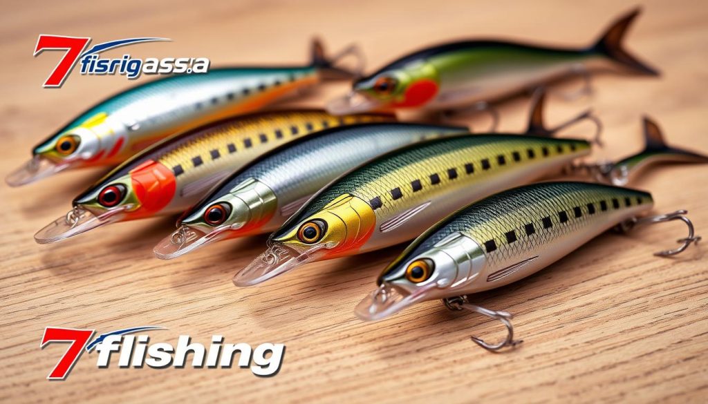 Detailed image of a selection of Imakatsu and Jackall fishing lures, or "vobler" models, presented on a natural wooden surface. The lures are meticulously detailed, showcasing their intricate designs, colors, and textures. The lighting is soft and diffused, accentuating the product's premium quality. The background is clean and uncluttered, allowing the lures to be the central focus. Branding for 7fishing.com.ua is subtly incorporated into the composition. The overall mood is one of high-end product presentation, suitable for an article on fishing lures for the Odessa estuaries.