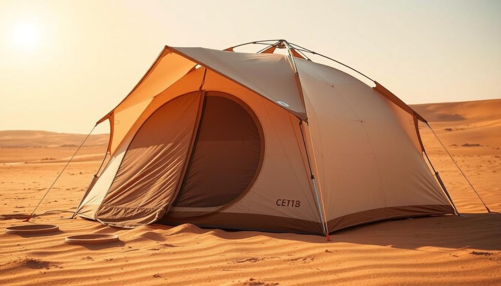Detailed image of a winter tent designed for desert usage, featuring a sturdy, weatherproof structure with reinforced supports to withstand strong winds. The tent is positioned in a vast, sandy landscape, with a clear sky overhead and the warm, golden hue of the desert sun casting a soft glow. The tent's sleek, aerodynamic design and light color scheme blend seamlessly with the arid environment, creating a sense of harmony between the shelter and its surroundings. The scene conveys a sense of exploration, adventure, and the challenges of traversing the desert during the colder months.
