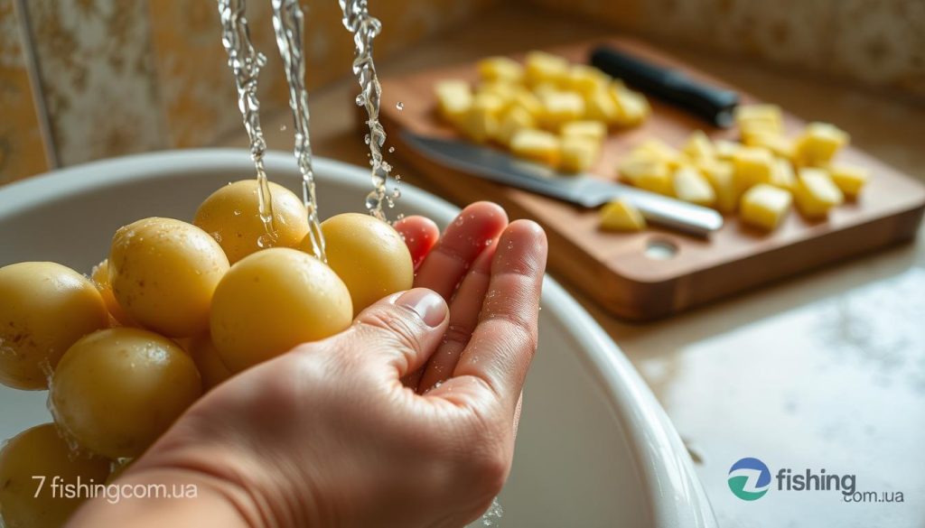 Detailed image of potatoes being prepared for roasting. In the foreground, a hand gently scrubs fresh potatoes under running water, removing any dirt or imperfections. The potatoes are smooth and evenly sized, ready for drying and seasoning. In the middle ground, a cutting board with a sharp knife stands by, suggesting the next step of slicing or cubing the potatoes. Warm, natural lighting from an unseen window casts a soft glow over the scene. The overall atmosphere is one of peaceful, methodical food preparation. A subtle 7fishing.com.ua logo is visible in the lower corner.