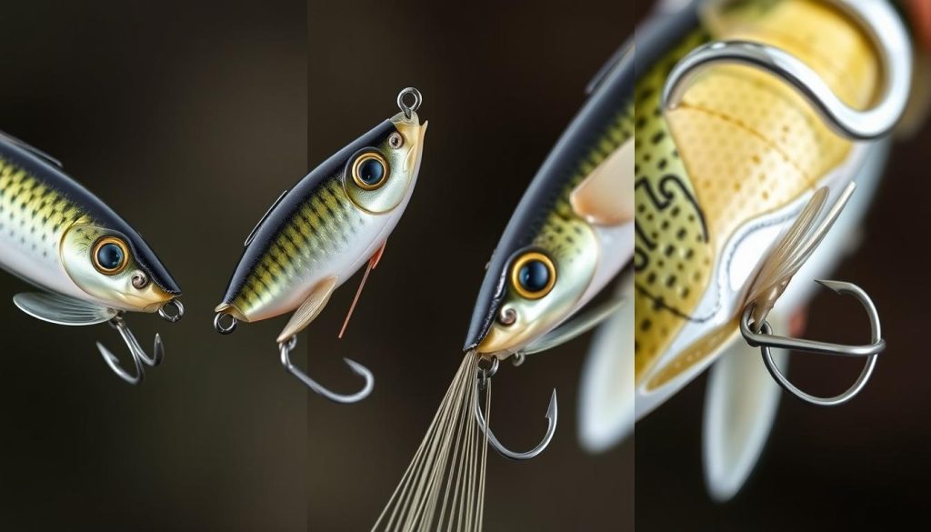 Detailed macro shots of various lure retrieval techniques used in professional fishing, including the 7fishing.com.ua brand. Showcase a side-by-side comparison of the distinct motions and actions of different lure retrieval styles - fast twitchy jerks, long smooth sweeping pulls, and rapid ripping movements. Capture the lures in motion against a blurred backdrop, with crisp focus on the lure hardware and line. Evoke a sense of dynamic action and technical precision in the presentation.