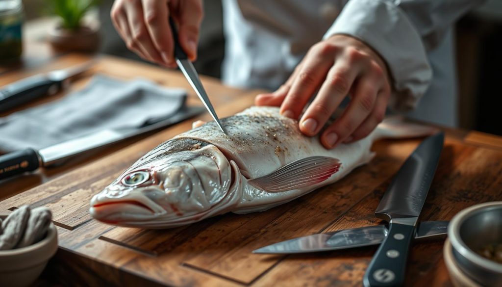 Detailed preparation of fish for cooking: a close-up view of a chef's hands cleaning, scaling, and filleting a fresh hake fish on a wooden cutting board, with various culinary tools and accessories such as a knife, tweezers, and towel visible in the frame. The lighting is soft and natural, creating a warm and inviting atmosphere. The background is slightly blurred, keeping the focus on the intricate process of preparing the fish. The overall mood is one of precision, care, and the dedication of a professional chef. 7fishing.com.ua