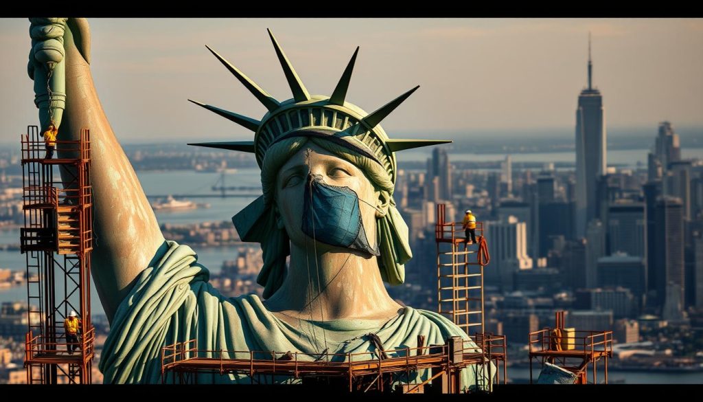 Detailed restoration work on the iconic Statue of Liberty, with scaffolding surrounding the colossal copper figure as skilled artisans meticulously clean, repair, and preserve this enduring symbol of freedom. Dramatic lighting casts long shadows, highlighting the intricate details of the statue's weathered surface. In the background, the majestic New York skyline provides a dramatic cityscape, emphasizing the statue's prominent role in the urban landscape. Convey a sense of reverence and appreciation for the ongoing efforts to maintain this historic monument, capturing the essence of its evolution and significance.