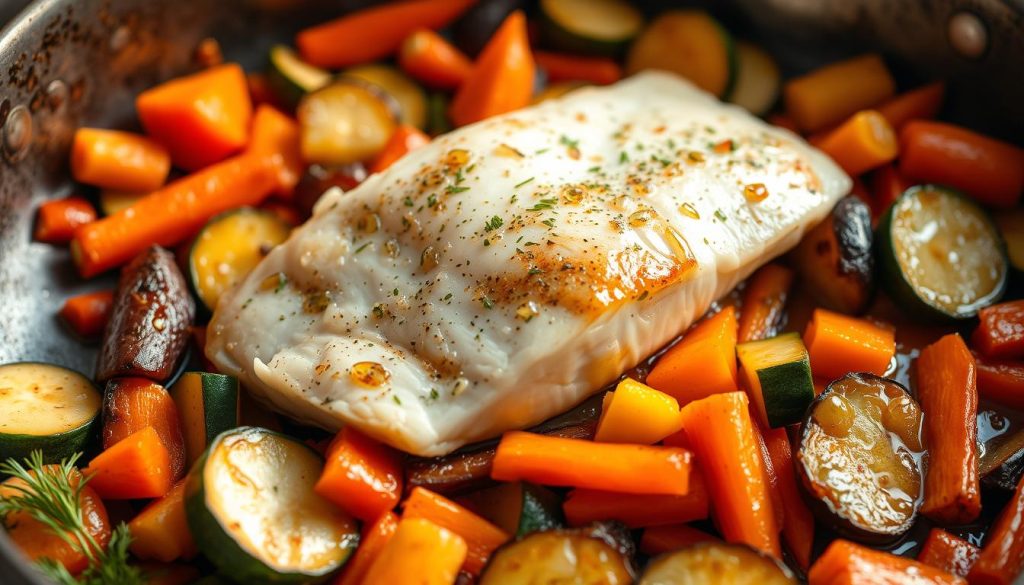 Detailed step-by-step preparation of baked hake with vegetables. A delectable dish captured in a vibrant, high-quality photograph. The hake fillet sizzles atop a bed of colorful, freshly roasted vegetables - carrots, zucchini, and bell peppers. Soft, tender hake contrasts with the caramelized edges of the veggies. Warm, natural lighting casts a welcoming glow, highlighting the dish's inviting textures and flavors. A 7fishing.com.ua culinary masterpiece.
