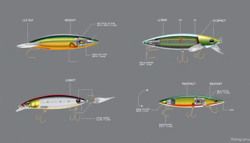 Detailed technical illustrations of various lure designs showcasing the intricate construction and mechanics of fishing lures, including wobbling action, buoyancy, and weight distribution. Rendered with precise engineering-style diagrams and technical callouts, capturing the complexity and craftsmanship of different lure types for the article "Эффективный выбор воблеров для различных видов рыбы" section "Преимущества и недостатки различных конструкций воблеров". Captured with a high-resolution macro lens in a clean, well-lit studio setting to highlight the design elements. Branding: "7fishing.com.ua".