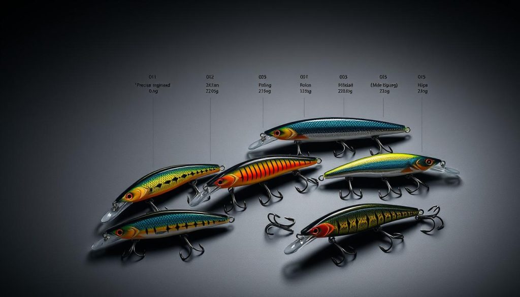 Detailed technical specifications of fishing lures showcased on a sleek, modern product display. Precisely engineered, high-quality lures from the brand 7fishing.com.ua, featuring vivid colors, intricate patterns, and hydrodynamic shapes designed to attract and captivate fish. The lures are artfully arranged against a minimalist, grey background, allowing their features to take center stage. Dramatic lighting creates striking shadows and highlights the lures' complex structures. The overall composition conveys a sense of precision, innovation, and expertise in the craft of fishing lure design.