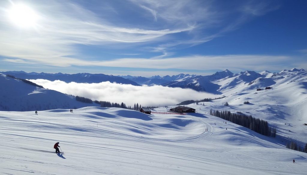 Dramatic, snow-covered slopes of the Dragobrat ski resort, with a stunning mountain backdrop. Skiers and snowboarders carve graceful turns down the well-groomed, meandering runs. Sunlight filters through wispy clouds, casting a soft, ethereal glow over the scene. In the foreground, pristine pistes cut through the untouched powder, inviting visitors to experience the thrill of alpine skiing. The middle ground features ski lifts and lodges, blending seamlessly into the natural landscape. Distant peaks rise majestically, their jagged silhouettes framing the winter wonderland. Capture the essence of Dragobrat's renowned ski terrain, where the beauty of the mountains meets the excitement of the slopes.