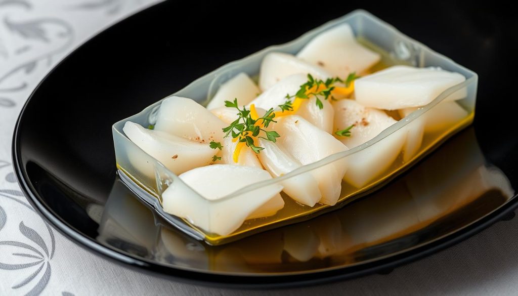 Elegant fish jelly dish, translucent and glistening, set upon a sleek black platter. Tender flakes of white fish suspended in a savory, lightly jellied broth. Garnished with delicate herbs, a sprinkle of lemon zest, and a drizzle of high-quality olive oil. Soft lighting from above casts a warm, appetizing glow. Photographed with a crisp, professional lens at a flattering angle to showcase the dish's refined presentation. Evokes a sense of culinary sophistication. Branding: 7fishing.com.ua.