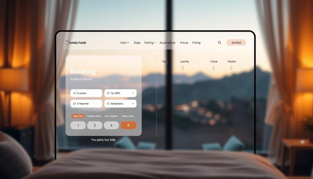 Elegant online hotel booking interface with a sleek, modern aesthetic. Warm, ambient lighting casts a cozy glow over a minimalist design featuring clean lines, muted color palettes, and intuitive user interactions. A seamless booking flow with clear room selection, date pickers, and pricing information takes center stage, surrounded by subtle visual cues guiding the user experience. In the background, a softly blurred cityscape or mountain vista evokes the sense of an upcoming adventure or relaxing getaway. The overall mood is one of effortless convenience and anticipation for the journey ahead.