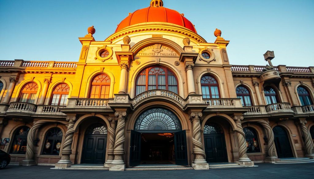 Entrance to the Dali Theatre and Museum, a surreal and captivating architectural marvel in Figueres, Spain. The building's eclectic exterior features a mix of Neo-Classical and Surrealist elements, with a striking red dome and elaborate facade that draws the eye. The main entrance is flanked by distinctive, twisted columns and arched doorways, inviting visitors to step into the world of Salvador Dali's imaginative mind. Warm, golden light filters through the ornate windows, casting a dreamlike glow and creating an atmospheric, otherworldly ambiance. The scene is framed by a clear, azure sky, hinting at the wonders that await within the museum's iconic walls.