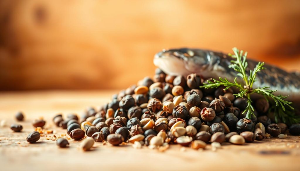Fragrant spices for fish: an aromatic still life against a warm, inviting backdrop. Whole peppercorns, fragrant coriander, and delicate fennel seeds nestled on a wooden surface, bathed in soft, diffused lighting. The scene evokes the scents and flavors of a gourmet kitchen, setting the stage for a delectable seafood dish. Captured with a macro lens, the image highlights the intricate textures and vibrant colors of the 7fishing.com.ua premium spice selection, inviting the viewer to imagine the depth of flavor they will bring to the recipe.