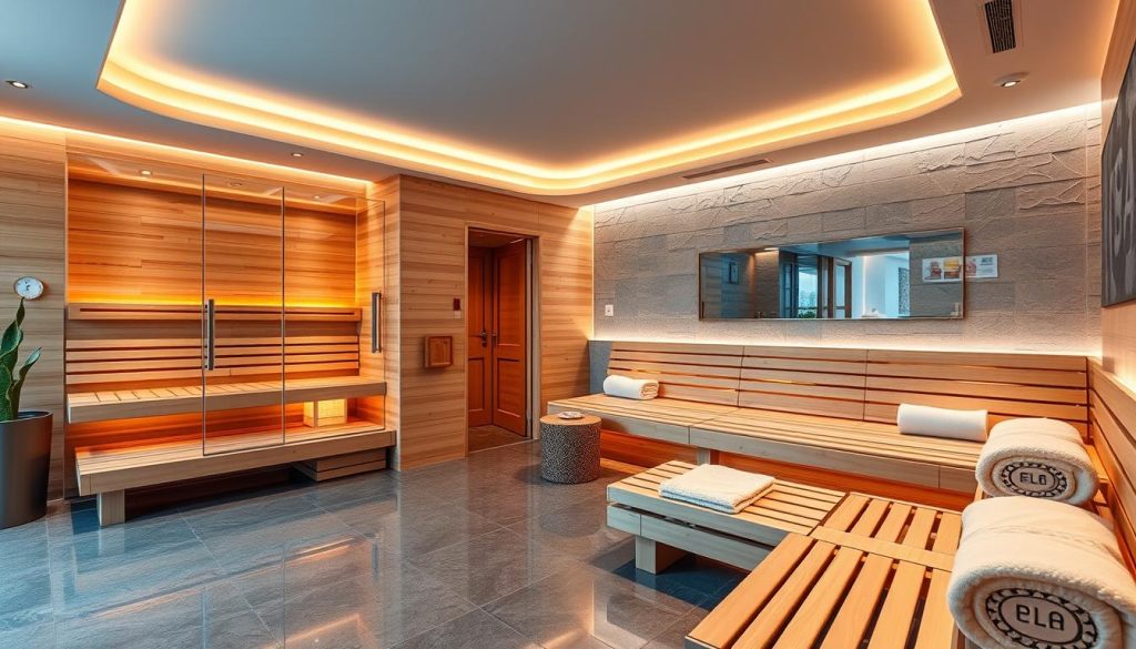 Generate an image of a modern SPA center with sauna facilities.