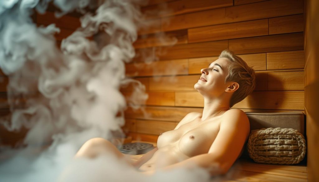 Generate an image of a person relaxing in a sauna