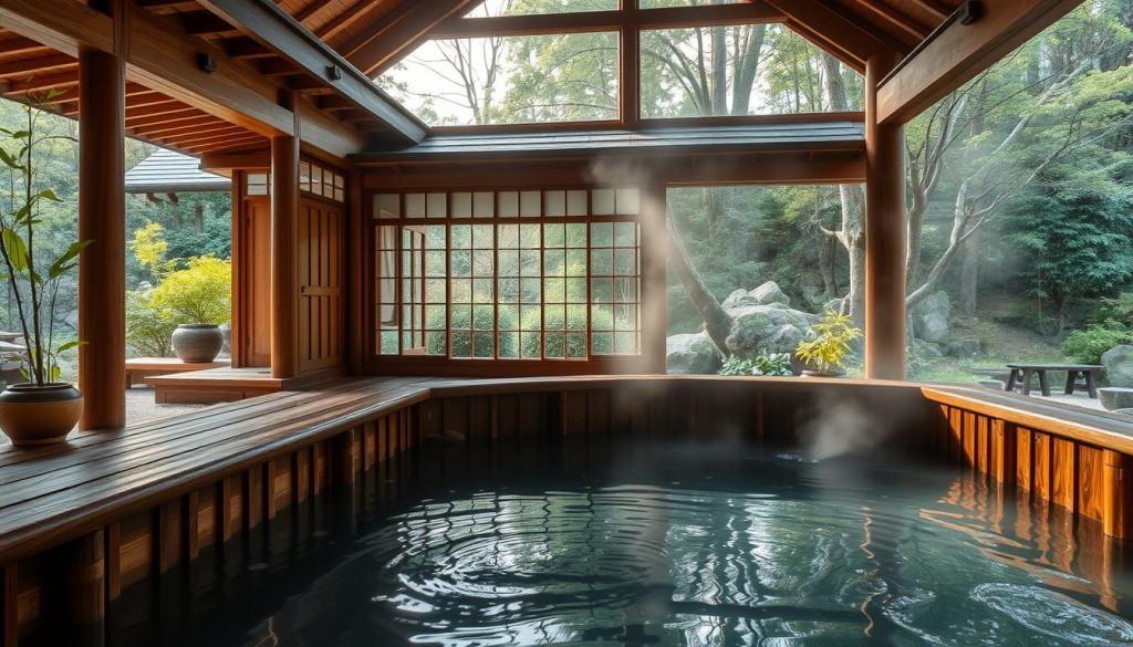 Generate an image of a serene Japanese-style bathhouse.