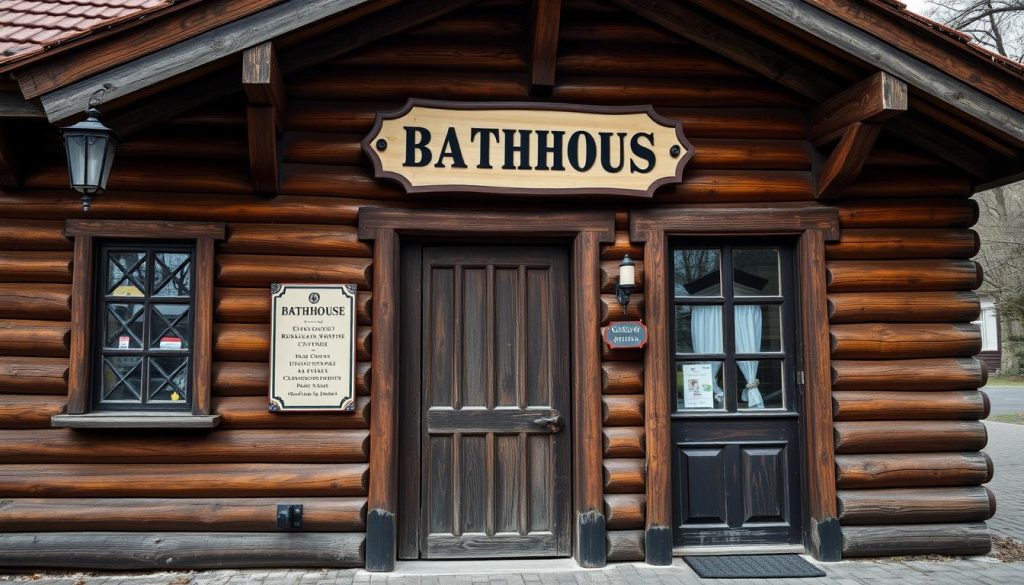 Generate an image of a traditional Russian bathhouse located on Tolstoy Street in Chernihiv, with a wooden exterior and a sign indicating its name.