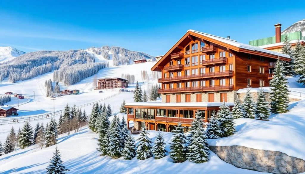 Generate an image of the MK Resort Bukovel main building with a ski slope in the background.