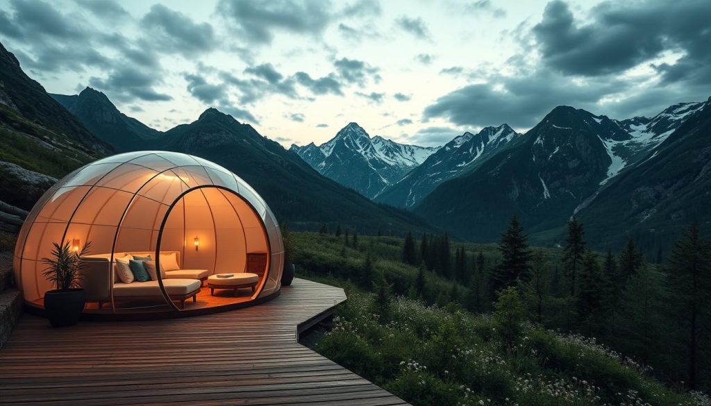 Geocupola nestled in the lush Carpathian mountains, a sustainable 7fishing retreat amidst towering peaks. Spherical domes crafted from transparent panels offer panoramic vistas of the rugged terrain. Soft, diffused lighting illuminates the interior, creating a serene, cocoon-like ambiance. Sleek, minimalist furnishings complement the structure's organic curves. In the foreground, a wooden deck extends outwards, inviting guests to embrace the surrounding natural beauty. The middle ground features verdant forests peppered with wildflowers, while distant snow-capped summits rise majestically in the background. An ethereal, otherworldly atmosphere pervades the scene, blending modern architecture seamlessly with the picturesque Carpathian landscape.