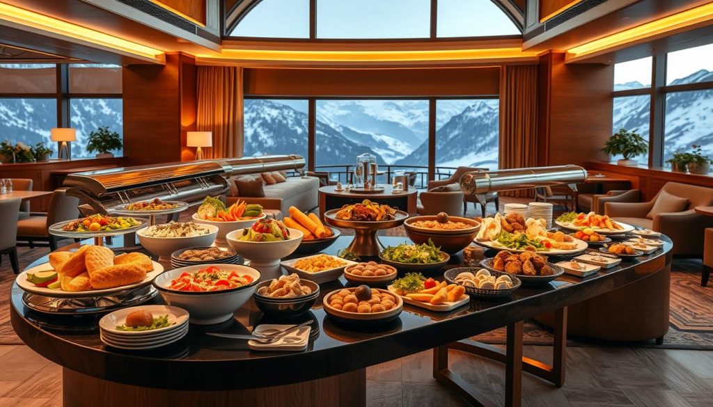 High-end hotel interior with a luxurious Swedish buffet spread, featuring a variety of delectable dishes, fresh seafood, artfully arranged salads, and decadent pastries. The scene is bathed in warm, golden lighting, creating a cozy and inviting atmosphere. Elegant wooden furnishings, plush rugs, and floor-to-ceiling windows overlooking a stunning mountain landscape complete the opulent setting, capturing the essence of a premium resort experience.