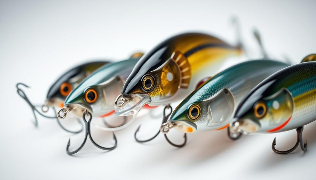 Highly detailed close-up comparison of Strike Pro fishing lures, showcasing their unique designs and color patterns. Crisp, well-lit studio setup with a neutral background, allowing the lures to be the focus. Capture the texture, sheen, and intricate detailing of the lures, highlighting their premium quality. Shoot from multiple angles to provide a comprehensive visual analysis. The image should convey the high-performance and professional-grade nature of these 7fishing.com.ua lures, suitable for serious anglers targeting fast-moving gamefish.