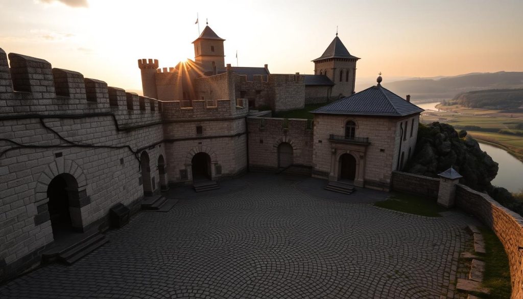 Хотинская крепость: a majestic 13th-century fortress perched atop a rocky outcrop, its thick stone walls and towers silhouetted against a golden sky. In the foreground, a cobblestone courtyard, flanked by ancient battlements and the ornate facade of a grand gatehouse. Sunlight filters through arrow slits, casting dramatic shadows across the weathered stone. In the distance, the Dniester River winds through a lush, rolling landscape, hinting at the strategic importance of this medieval stronghold. A sense of timeless grandeur and the echoes of a storied past pervade the scene, inviting the viewer to imagine the battles and triumphs that have unfolded within these historic walls.