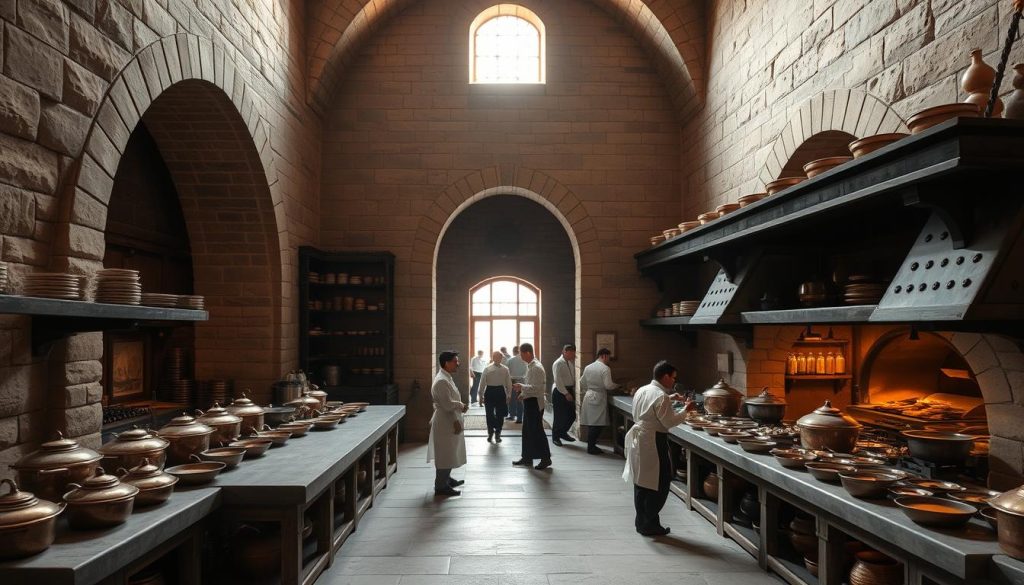Imposing stone kitchens of Topkapi Palace, filled with the fragrance of simmering spices and the bustle of industrious cooks. Arched doorways lead into cavernous chambers, where rows of copper pots and pans gleam in the soft light filtering through high windows. Massive stone ovens and hearths stand ready to prepare lavish feasts for the Sultan and his court. Shelves groan under the weight of exotic ingredients, while servants scurry between prep stations, their movements choreographed with practiced precision. An atmosphere of quiet industry pervades the space, hinting at the grand scale of hospitality within the palace walls.