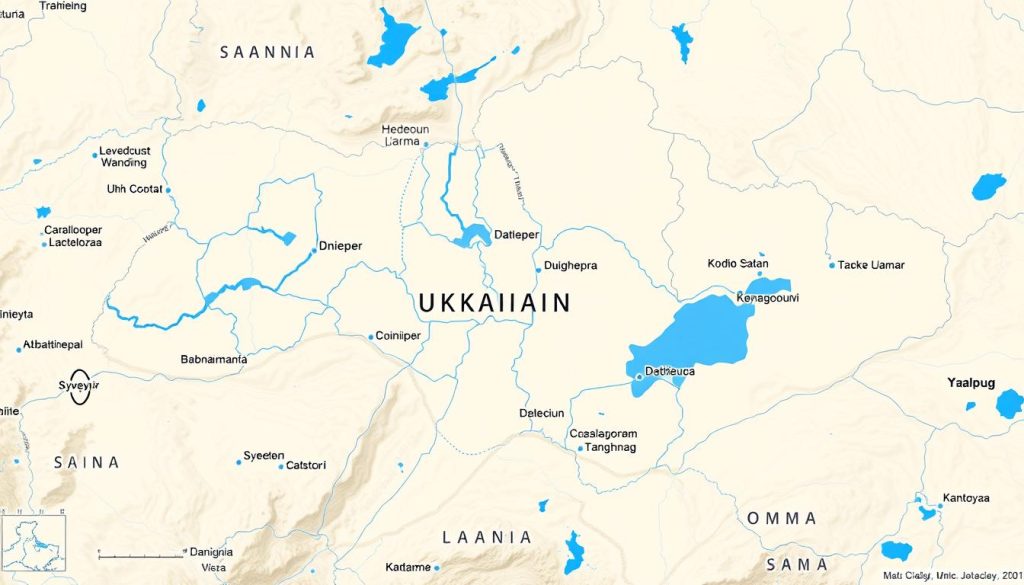 Карта основних водойм України з позначенням річок Дніпро, Дунай, Десна та озер Синевир, Ялпуг