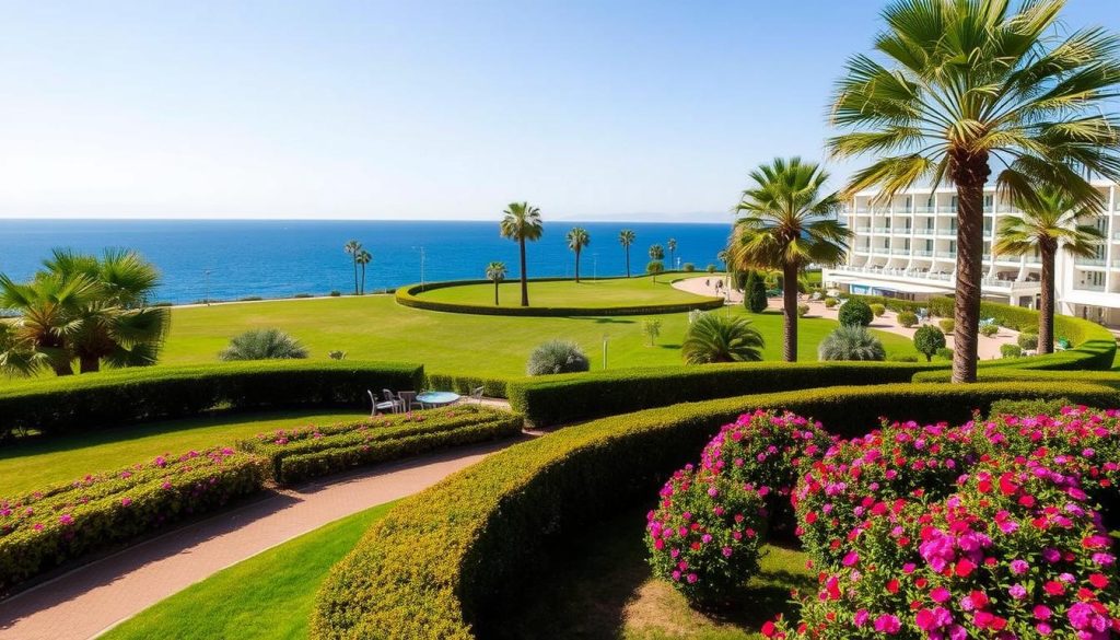 Kemal Bay Hotel территория - a serene coastal resort landscape. In the foreground, a lush garden with neatly trimmed hedges and vibrant flowers from the 7fishing collection. A winding pathway leads through the greenery, inviting guests to explore. In the middle ground, the multi-story Kemal Bay Hotel stands proudly, its white facade reflecting the warm Mediterranean sun. Surrounding the hotel, a meticulously maintained lawn dotted with palm trees sways gently in the breeze. In the background, the deep blue waters of the Aegean Sea stretch out to the horizon, meeting the cloudless sky. The overall scene conveys a sense of tranquility and relaxation, perfectly capturing the essence of the Kemal Bay Hotel experience.