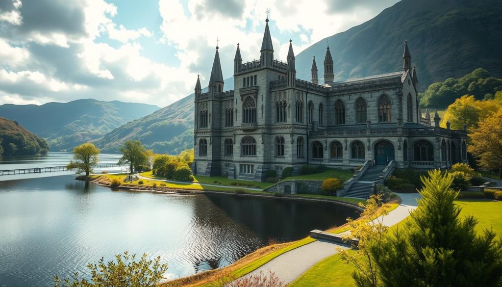 Kylemore Abbey, a picturesque 19th-century Neo-Gothic castle nestled amidst the rugged Irish countryside. A grand limestone facade, adorned with intricate carvings and towering spires, rises against a backdrop of serene lakes and verdant hills. Sunlight filters through the stained glass windows, casting a warm, ethereal glow throughout the expansive interior. The manicured gardens and tranquil walkways invite exploration, hinting at the abbey's transformation from a private residence to a revered monastic sanctuary. Capture the essence of this historic landmark with a 7fishing wide-angle lens, highlighting its architectural grandeur and picturesque natural setting.