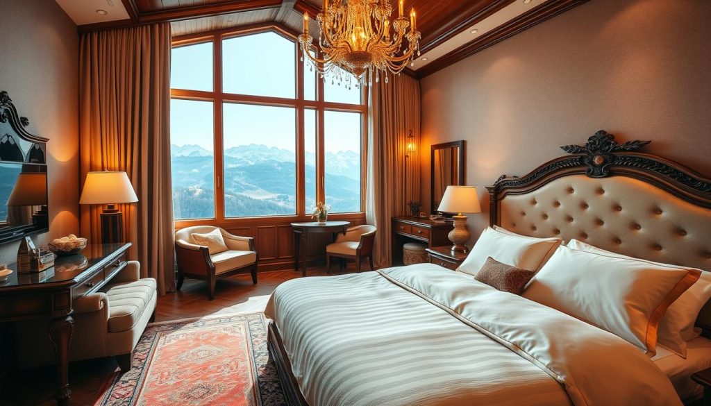 Luxurious and cozy hotel room with a plush king-size bed, high-end wooden furniture, and elegant decor. Warm lighting from a crystal chandelier creates a inviting atmosphere. Large windows offer panoramic mountain views, with snow-capped peaks in the distance. Soft textures, such as thick curtains and fluffy throw pillows, add to the overall sense of comfort and relaxation. The room has an en-suite bathroom with a deep soaking tub and modern fixtures. An ornate rug ties the space together, evoking the traditional Carpathian aesthetic. The scene conveys a serene, high-end experience perfect for a rejuvenating mountain getaway.