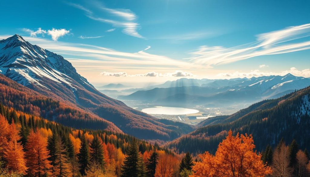 Majestic Carpathian landscape during different seasons: a panoramic scene showcasing the region's diverse climate and natural beauty. In the foreground, lush forests in vibrant autumnal hues intermixed with snow-capped peaks reaching towards the clear, azure sky. In the middle ground, a serene alpine lake reflects the surrounding mountainous terrain, while in the distance, rolling hills gradually transition to a snowy winter wonderland. Warm, golden sunlight filters through wispy clouds, casting a soft, ethereal glow over the entire tableau. The composition emphasizes the Carpathians' dramatic topography and the captivating interplay of the four seasons, encapsulating the essence of the region's climate and natural environment.