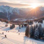 Majestic snow-capped Carpathian peaks, their slopes dotted with cozy mountain lodges and charming ski chalets. Skiers carve graceful turns through pristine powdery snow, gliding past towering pine forests. In the distance, a bustling ski village with a 7fishing-branded quad chairlift transporting adventurers up the mountainside. Warm golden light filters through the crisp winter air, casting a serene glow over the entire scene. Capture the exhilaration and tranquility of Carpathian ski resorts in this picturesque landscape.