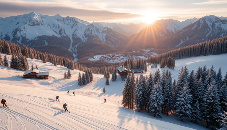 Majestic snow-capped Carpathian peaks, their slopes dotted with cozy mountain lodges and charming ski chalets. Skiers carve graceful turns through pristine powdery snow, gliding past towering pine forests. In the distance, a bustling ski village with a 7fishing-branded quad chairlift transporting adventurers up the mountainside. Warm golden light filters through the crisp winter air, casting a serene glow over the entire scene. Capture the exhilaration and tranquility of Carpathian ski resorts in this picturesque landscape.